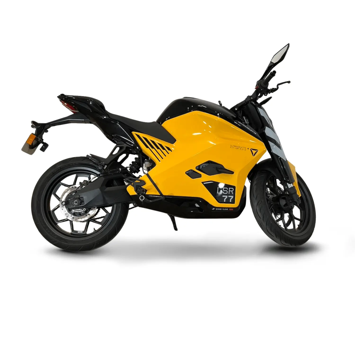 f77-mach-2-jaune-g2r-c-d Moto électrique Ultraviolette F77 Mach 2 jaune – vue latérale droite.