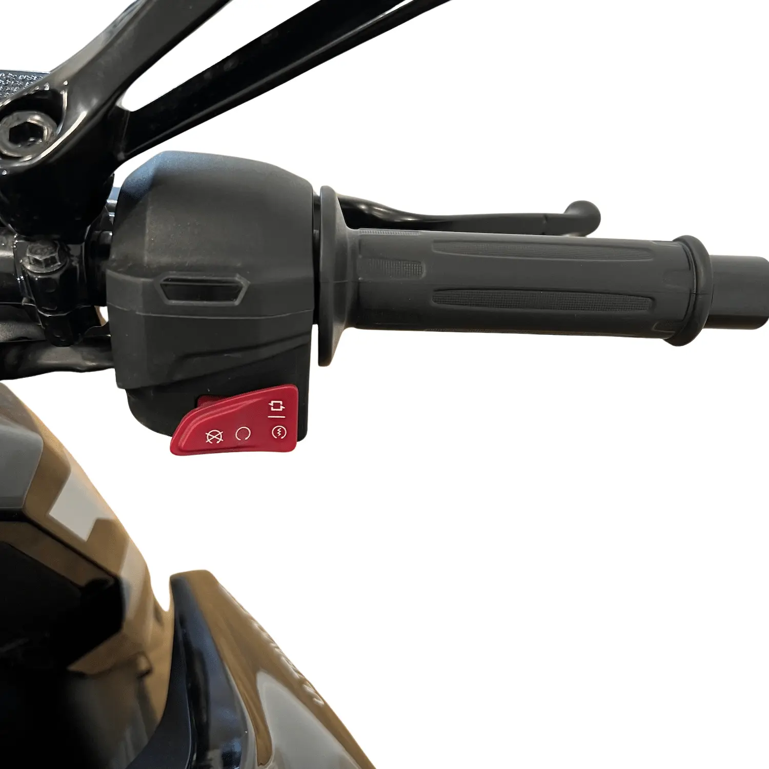 f77-mach-2-jaune-g2r-commodo-droit Poignée droite du guidon de la moto électrique Ultraviolette F77 Mach 2 avec commandes d’allumage et coupe-circuit.