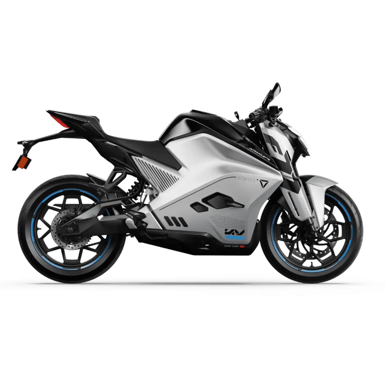 ultraviolette-f77-mach-2-grisebleu Moto électrique Ultraviolette F77 Mach 2 gris métal avec liserés bleus – vue latérale droite.